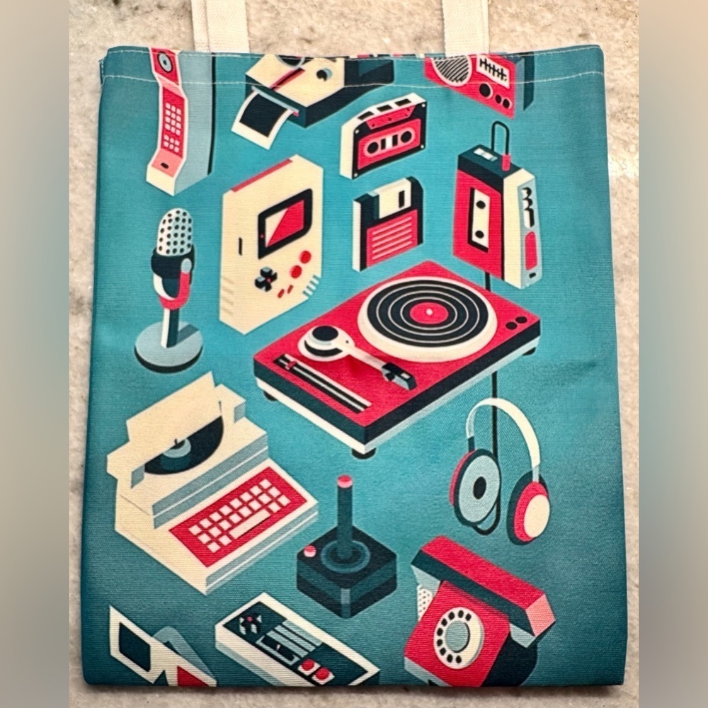 New 80s Style Retro Technology Shopping Bag Tote w/ Cassette Tape Charm - 16” - Picture 4 of 10